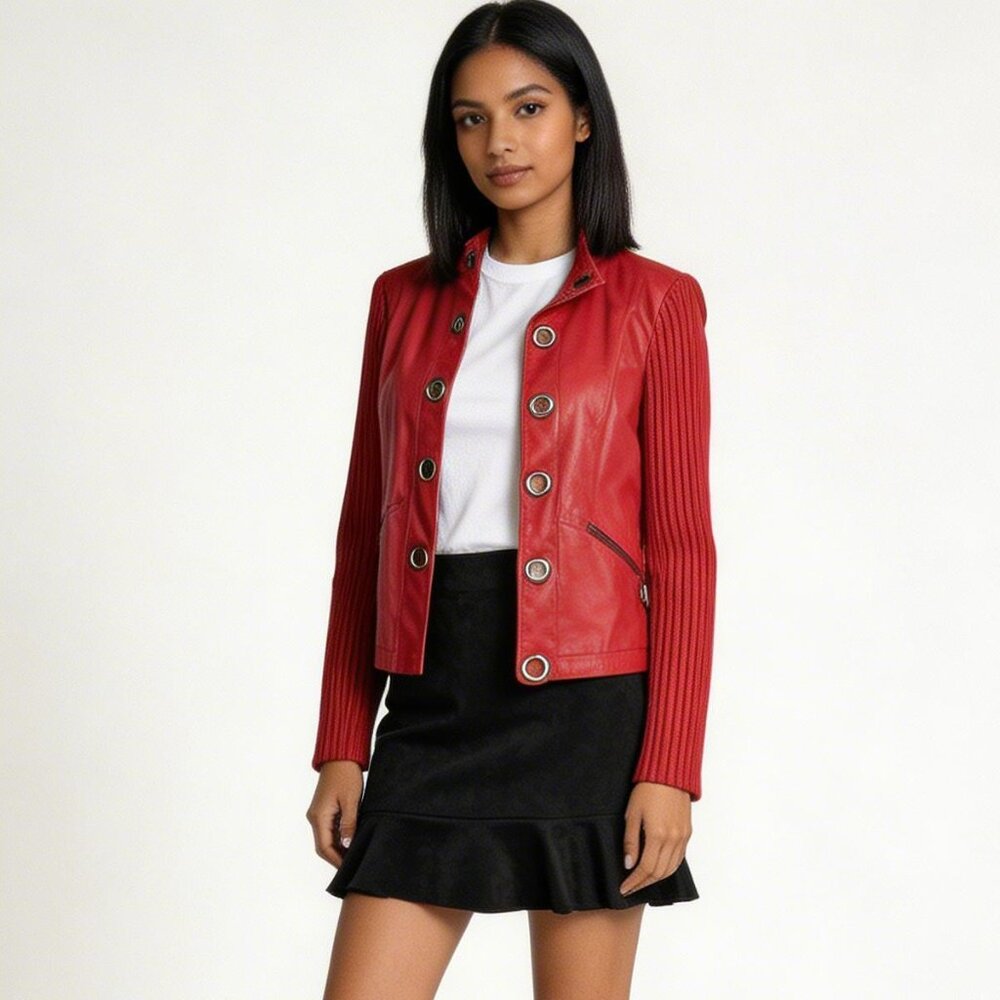 LIVE A LITTLE | Red Genuine Leather Knit Jacket Sz S